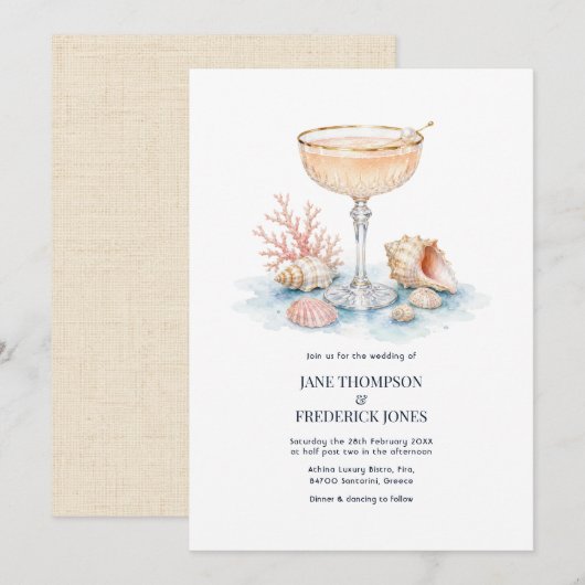 Luxe Kust Chic Champagne Cocktail Bruiloft Kaart (Voorkant / Achterkant)