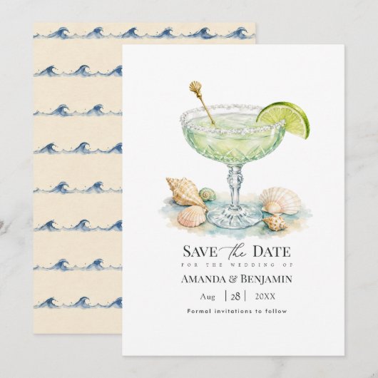 Luxe Kust Chic Limoencocktail Zeeschelpen Bruiloft Save The Date (Voorkant / Achterkant)