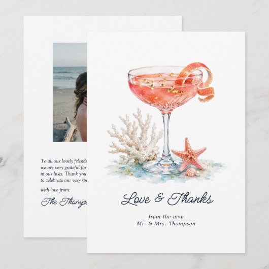 Luxe Kust Chic Roze Cocktail Koraal Bruiloft Bedankkaart (Voorkant / Achterkant)