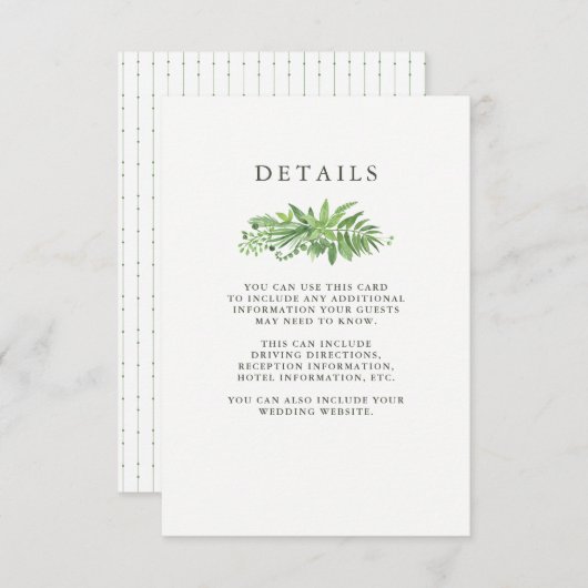 Luxe laat groene botanische bruiloft — gastgegeven informatiekaartje (Voorkant / Achterkant)