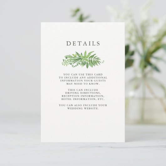 Luxe laat groene botanische bruiloft — gastgegeven informatiekaartje (Staand voorkant)