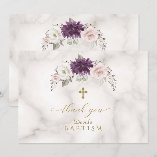 Luxe Lavendel Roze Bloemen Gouden Kruis Doop  Bedankkaart (Voorkant / Achterkant)