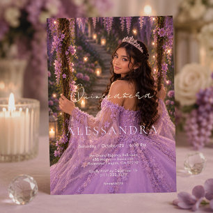 Luxe Lavendel Sprookjestuin Quinceañera Uitnodigin Kaart