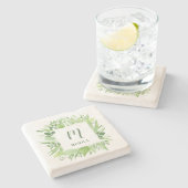 Luxe Leaves | Groen botanisch Lijst en monogram Stenen Onderzetter (Zijkant)