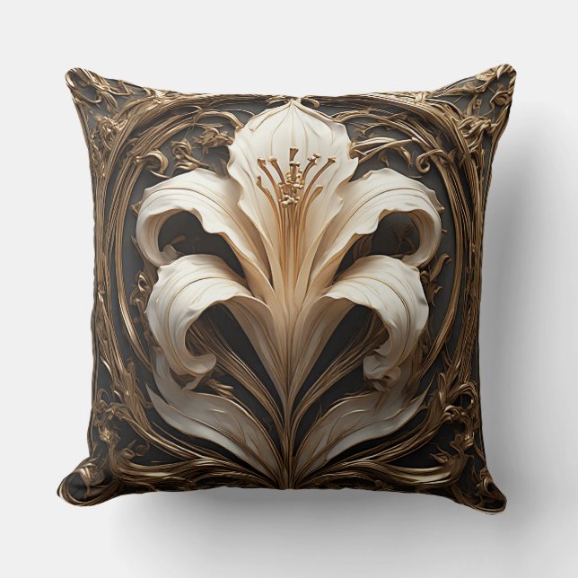 Luxe lelieontwerp gouden sierkunst kussen (Voorkant)
