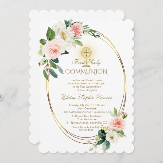 Luxe lente roze bloemengoud Eerste Heilige Communi Kaart (Voorkant / Achterkant)