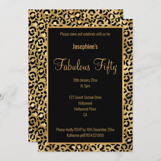 LUXE LEOPARD ALLE ZWARTE GOUDE DOUANE-INVITATIE KAART (Voorkant / Achterkant)