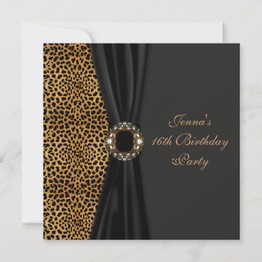Luxe Leopard Classy Black Sweet Sixteen Party Kaart (Voorkant)