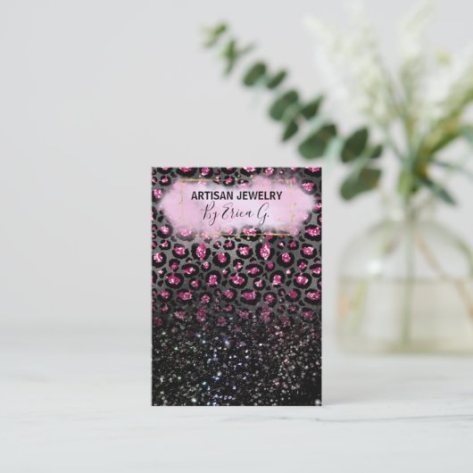 Luxe leopard Glitter Black Pink-draagkaarten Visitekaartje (Staand voorkant)