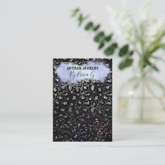 Luxe leopard Glitter Silver-draagkaarten Visitekaartje (Staand voorkant)