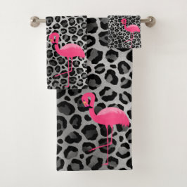 LUXE LEOPARD SILVER FLAMINGO BATHROOM TOWEL SET BAD HANDDOEK