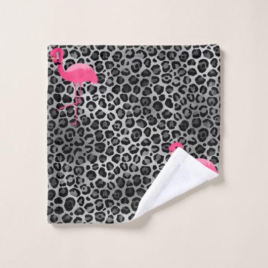 LUXE LEOPARD SILVER FLAMINGO BATHROOM TOWEL SET BAD HANDDOEK (Wasdoekje)