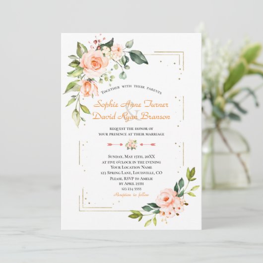 Luxe Levende Koraal Bloem Goud Glitter Bruiloft Kaart (Staand voorkant)