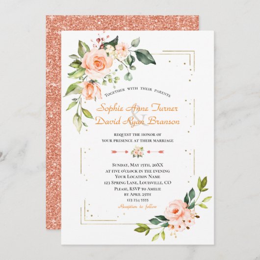 Luxe Levende Koraal Bloem Goud Glitter Bruiloft Kaart (Voorkant / Achterkant)