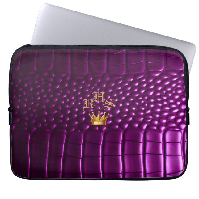 Luxe levendige Paarse nep krokodil monogram Laptop Sleeve (Voorkant)