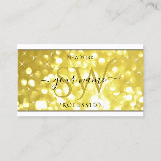 Luxe Licht Gouden Glitter Sterren Initialen Wit Visitekaartje (Voorkant)