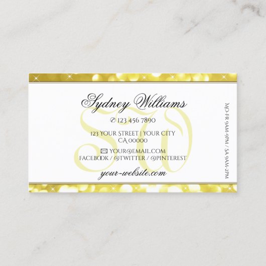 Luxe Licht Gouden Glitter Sterren Monogram Wit Visitekaartje (Achterkant)