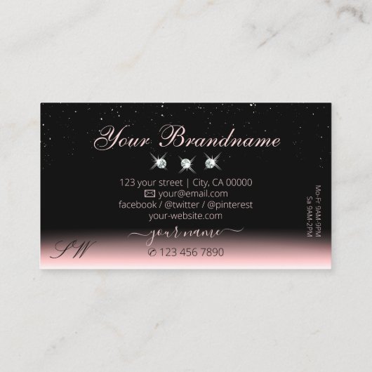 Luxe lichte roze zwarte sparkle Diamonds Initialen Visitekaartje (Achterkant)