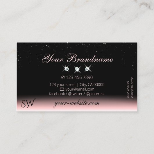 Luxe Light Pink Black Sparkle Diamonds Monogram Visitekaartje (Achterkant)