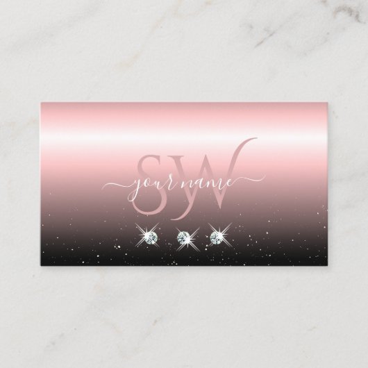 Luxe Light Pink Black Sparkle Diamonds Monogram Visitekaartje (Voorkant)