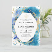 Luxe Lijst Ocean Blue en Gold Wedding Invitation Kaart (Staand voorkant)