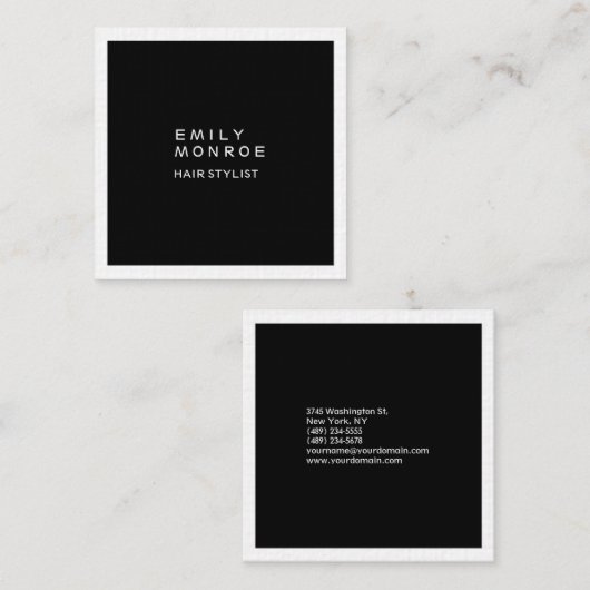 Luxe Linen Plain Black & White Modern minimalist Vierkante Visitekaartje (Voorkant / Achterkant)