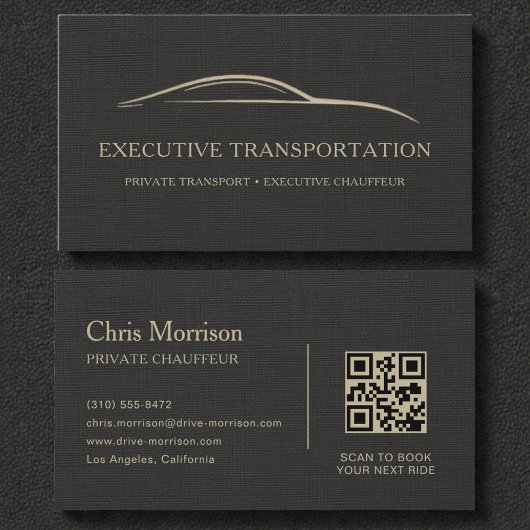 Luxe Linnen Transport Auto QR Code Zwart & Goud Visitekaartje