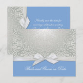Luxe Lint Zilver/Blauw Damask Save datum kaart (Voorkant / Achterkant)