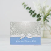 Luxe Lint Zilver/Blauw Damask Save datum kaart (Staand voorkant)