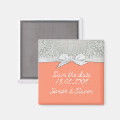 Luxe Lint Zilver/Koraal Damask Bewaar de datum Magneet (Voorkant / Achterkant)
