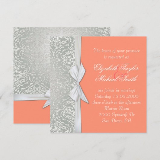 Luxe lint zilver/koraal damast bruiloft uitnodigen kaart (Voorkant / Achterkant)