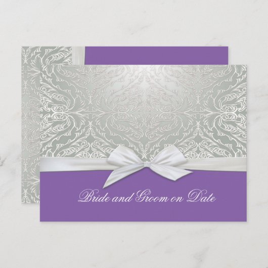 Luxe lint zilver/Paarse damast opslaan datumkaart Aankondigingskaart (Voorkant / Achterkant)