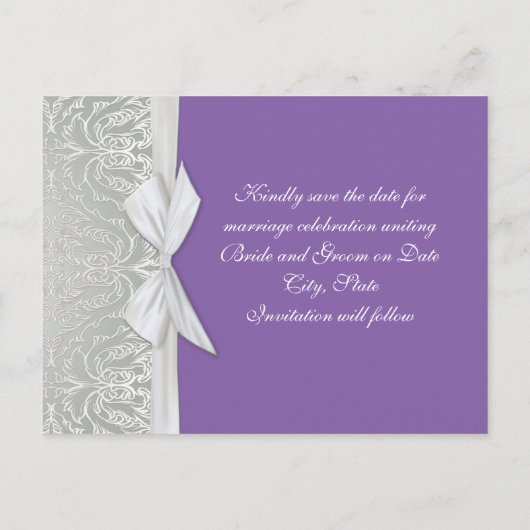 Luxe lint zilver/Paarse damast opslaan datumkaart Aankondigingskaart (Achterkant)