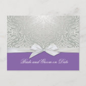 Luxe lint zilver/Paarse damast opslaan datumkaart Aankondigingskaart (Voorkant)