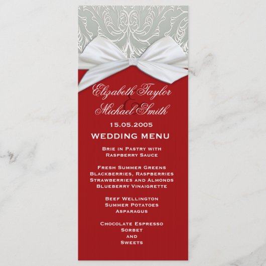 Luxe Lint Zilver/Rood Damast Bruiloft Menu (Voorkant)