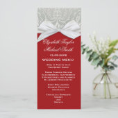 Luxe Lint Zilver/Rood Damast Bruiloft Menu (Staand voorkant)