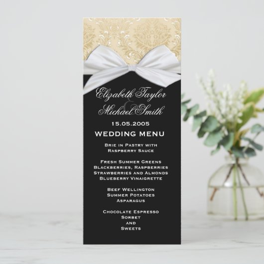 Luxe lint zwart goud damast bruiloft menu (Staand voorkant)