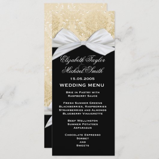 Luxe lint zwart goud damast bruiloft menu (Voorkant / Achterkant)