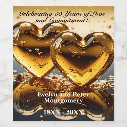 Luxe Liquid Gold Hearts 50e bruiloft Jubileum Wijn Etiket (Enkel label)