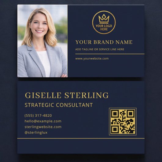 Luxe Logo Blauw Goud Foto QR Code Visitekaartje