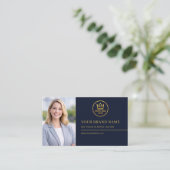 Luxe Logo Blauw Goud Foto QR Code Visitekaartje (Staand voorkant)