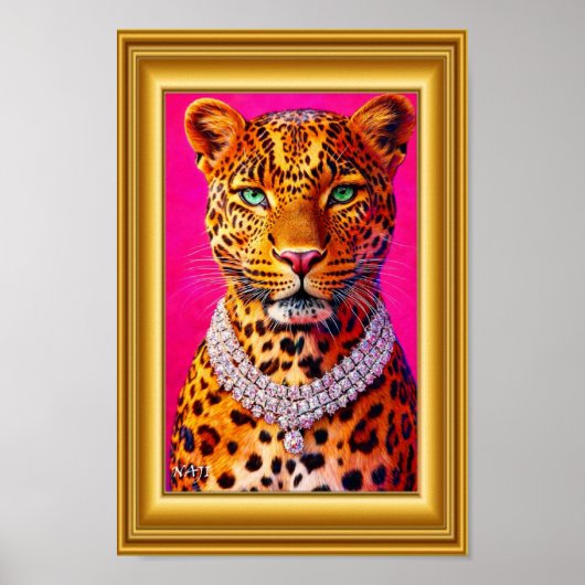 Luxe Luipaard Portret met Diamanten Ketting – Bo Poster (Voorkant)