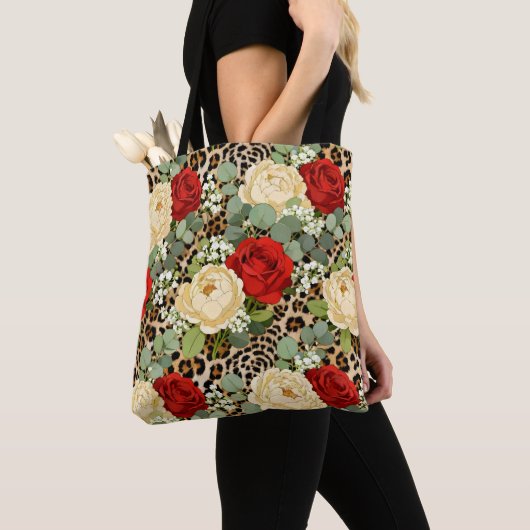 Luxe Luipaard & Rode Roos Patroon Tote Bag (Dichtbij)