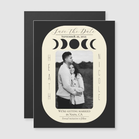 Luxe maan zwart & crème maanfase Save The Date (Voorkant / Achterkant)