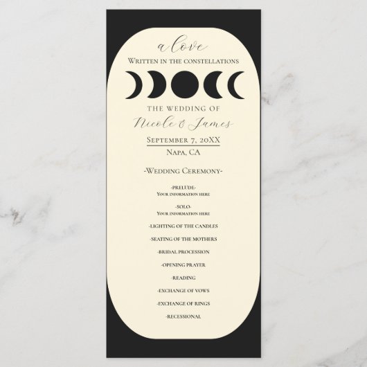 Luxe Maanfase Huwelijksprogramma Zwart Crème Menu (Voorkant)