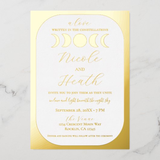 Luxe Maanfase Trouw met Gouden Folie Maangestalte  Folie Uitnodiging (Voorkant)