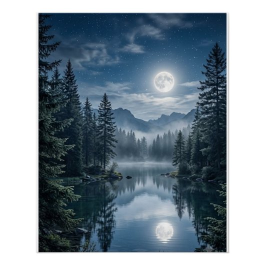Luxe Maanverlichte Groene Bos Muurkunst Perfect Poster (Voorkant)