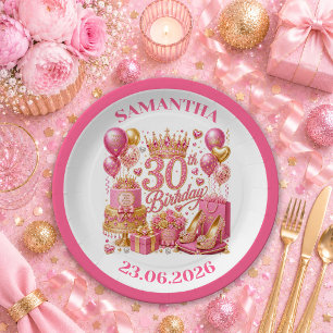 Luxe Magenta Goud Glitter 30e Verjaardag Papieren Bordje