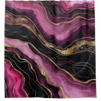 Luxe Magenta Zwart Agaat Goud Glitter Golven Douchegordijn