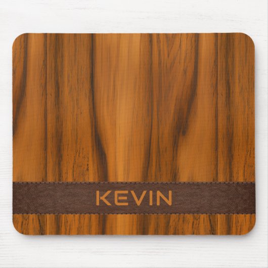 Luxe mahonie houten textuur en een bruin leer muismat (Voorkant)